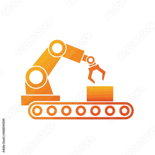 Vector illustration of robotic arm on conveyor belt picking up a box