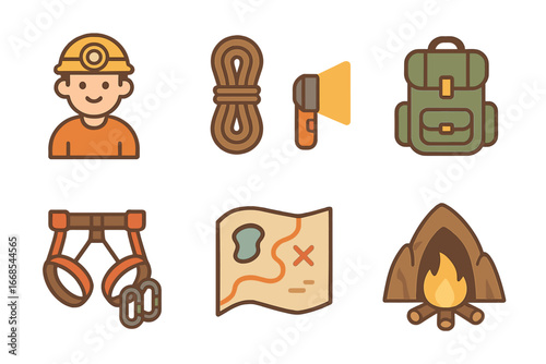 Children's Cave Adventure. Flat vector mini-illustrations cave explorers in colors children's illustrations: explorer with helmet,