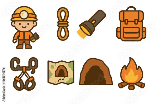 Children's Cave Adventure. Flat vector mini-illustrations cave explorers in colors children's illustrations: explorer with helmet,
