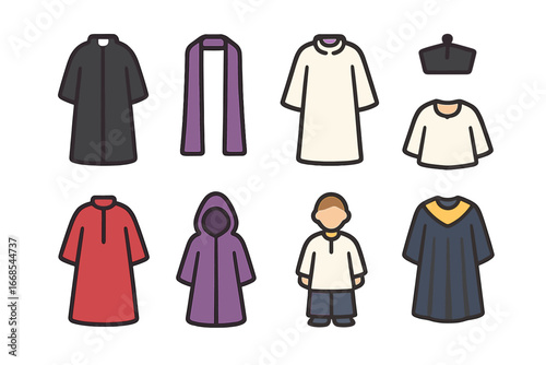 Children's Clerical Attire Icons. Flat vector mini-illustrations confession clothing in colors children's illustrations: priest