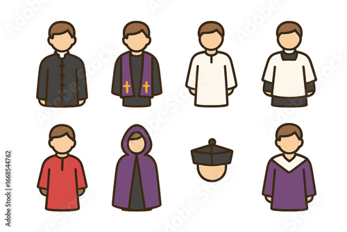 Children's Clerical Attire Icons. Flat vector mini-illustrations confession clothing in colors children's illustrations: priest