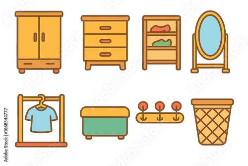 Children's Closet Icons. Flat vector mini-illustrations closet furniture in colors children's illustrations: wardrobe, dresser,