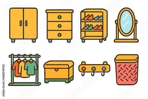 Children's Closet Icons. Flat vector mini-illustrations closet furniture in colors children's illustrations: wardrobe, dresser,