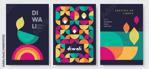 Set of happy Diwali Hindu festival modern design with diya oil lamps, colorful geometric and typography. Vector illustration for greeting card, poster, cover, banner.
