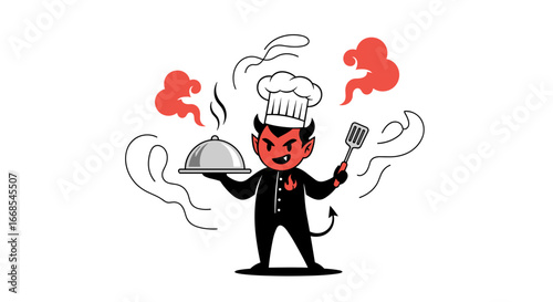 Evil chef with fiery passion serves up a delicious dish, perfect for culinary branding