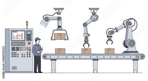 Vector illustration of automated production line with robotic arms and worker overseeing