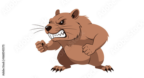 Angry cartoon beaver ready for action with clenched fists and fierce expression for design use