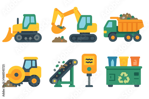 Children's Machinery Icons. Flat vector mini-illustrations landfill machinery in colors children's illustrations: bulldozer,