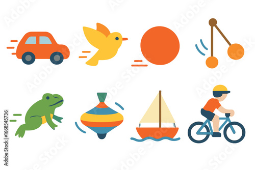 Children's Motion Icons. Flat vector mini-illustrations acceleration and motion in colors children's illustrations: moving car,