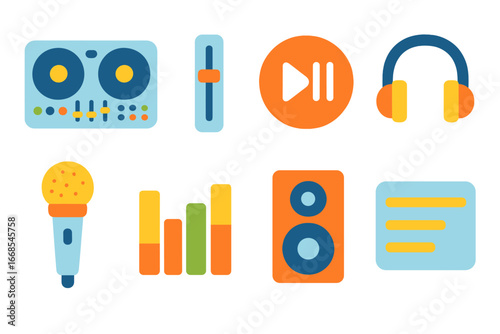 Children's Music Icons. Flat vector mini-illustrations music controller in colors children's illustrations: DJ mixer, volume
