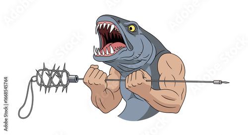 Angry Fish Man with Spear and Spiked Weapon Ready for Battle or Combat on White