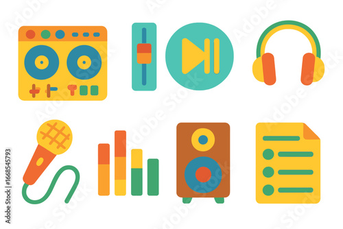 Children's Music Icons. Flat vector mini-illustrations music controller in colors children's illustrations: DJ mixer, volume