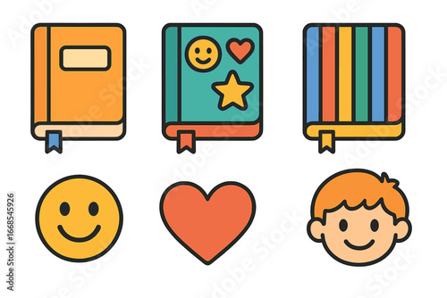 Children's Notebook Icons. Flat vector mini-illustrations personalized notebooks in colors children's illustrations: notebook with