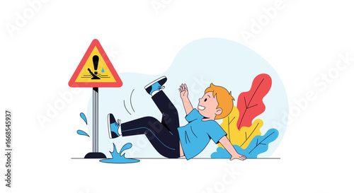 Cheerful boy slips on wet surface near warning sign, comical illustration of safety