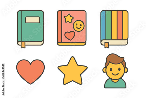 Children's Notebook Icons. Flat vector mini-illustrations personalized notebooks in colors children's illustrations: notebook with