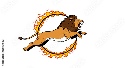 Lion leaping through fiery hoop icon, bold design for branding, logos, and creative projects
