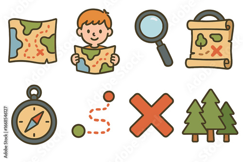 Children's Quest Map. Flat vector mini-illustrations quest maps in colors children's illustrations: treasure map, child holding