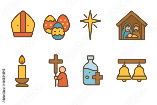 Children's Religious Icons. Flat vector mini-illustrations Church ceremonial items in colors children's illustrations: mitre,