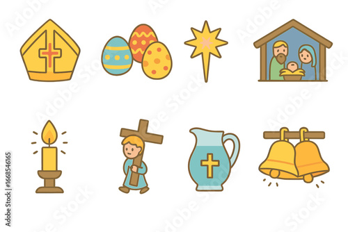 Children's Religious Icons. Flat vector mini-illustrations Church ceremonial items in colors children's illustrations: mitre,