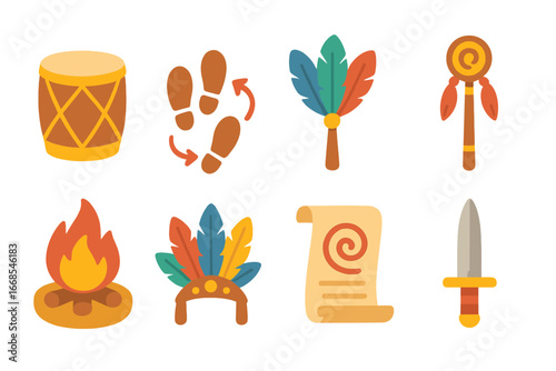 Children's Ritual Illustrations. Flat vector mini-illustrations traditional rituals in colors children's illustrations: drum,