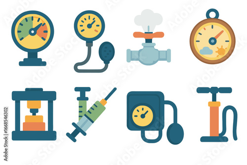 Children's Safety Icons. Flat vector mini-illustrations pressure in colors children's illustrations: pressure gauge, tire pressure