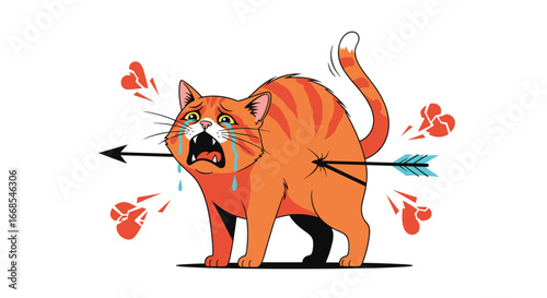 Heartbroken orange cat pierced by arrow with broken hearts expressing emotional pain and sadness