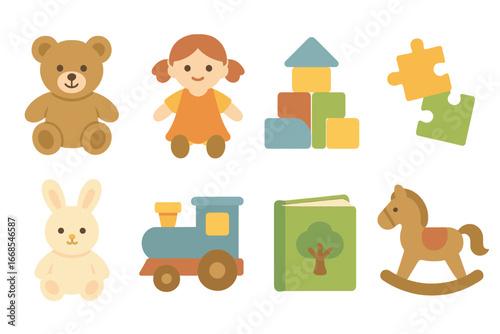 Children's Toy Icons. Flat vector mini-illustrations quiet toys in colors children's illustrations: teddy bear, soft doll,