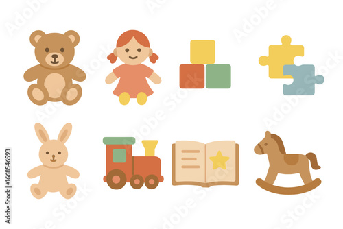Children's Toy Icons. Flat vector mini-illustrations quiet toys in colors children's illustrations: teddy bear, soft doll,