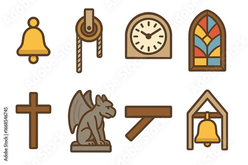 Church Bell Illustrations. Flat vector mini-illustrations church bell tower details in colors children's illustrations: bell
