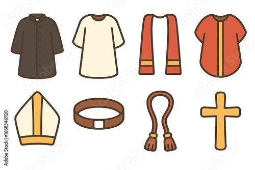 Clerical Attire Icons. Flat vector mini-illustrations clerical clothing in colors children's illustrations: cassock, surplice,