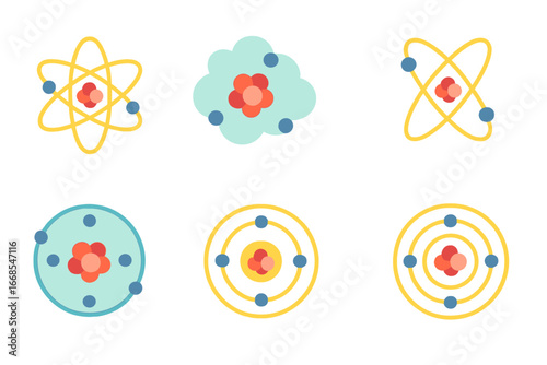 Colorful Atomic Models. Flat vector mini-illustrations atomic models in colors children's illustrations: Bohr model, electron