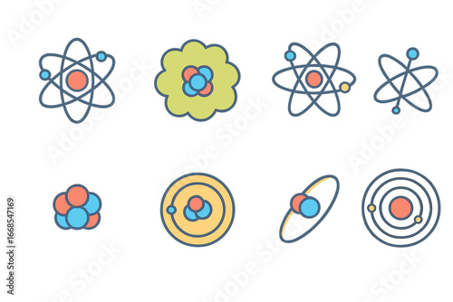 Colorful Atomic Models. Flat vector mini-illustrations atomic models in colors children's illustrations: Bohr model, electron