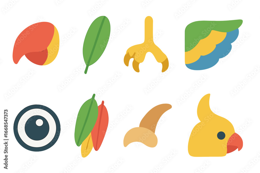 Naklejka premium Colorful Bird Anatomy Icons. Flat vector mini-illustrations bird anatomy in colors children's illustrations: parrot beak, feathers