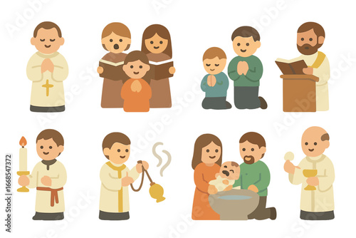Colorful Bible Icons. Flat vector mini-illustrations bible characters in colors children's illustrations: Moses, Jesus, David,