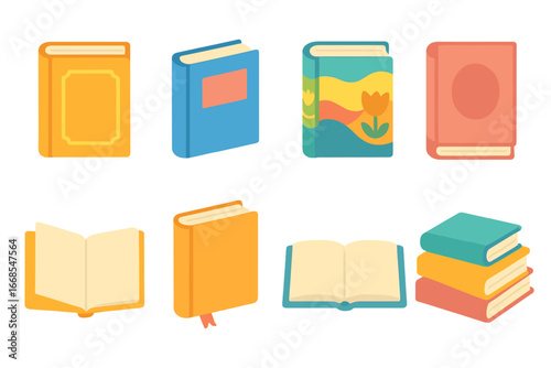 Colorful Book Icons. Flat vector mini-illustrations book covers in colors children's illustrations: hardcover book, paperback book