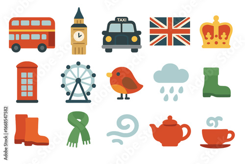 Colorful British Icons. Flat vector mini-illustrations British symbols in colors children's illustrations: red double-decker bus,