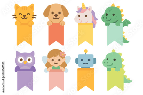 Colorful Bookmark Icons. Flat vector mini-illustrations bookmarks with characters in colors children's illustrations: cat bookmark