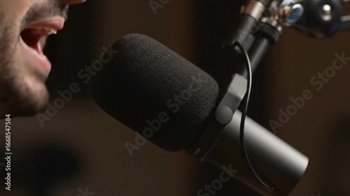 A closeup shows a persons open mouth near a studio microphone with a foam cover mounted on a stand in a dimly lit setting