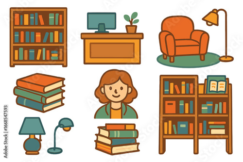 Colorful Bookstore Interior. Flat vector mini-illustrations bookstore interior in colors children's illustrations: bookshelves,