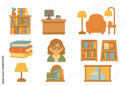 Colorful Bookstore Interior. Flat vector mini-illustrations bookstore interior in colors children's illustrations: bookshelves,