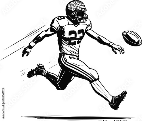 Minimal black and white line art vector of a football player kicking a ball in action, dynamic motion illustration 2