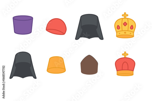 Colorful Children's Headwear Grid. Flat vector mini-illustrations sports hats in colors children's illustrations: baseball cap,