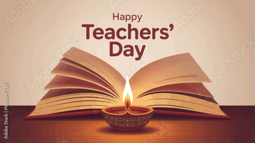 Happy Teachers’ Day with Open Book and Traditional Lamp Illustration