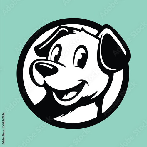Black and White Smiling Puppy Head Vector Logo