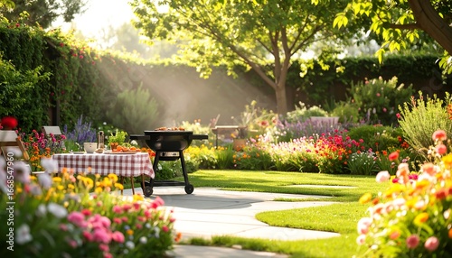 Backyard Barbecue in a Vibrant Flower Garden with Morning Sunlight