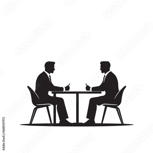 Vector art of two businessmen sitting at a table for a meeting, viewed from behind