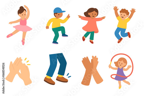 Colorful Dance Icons. Flat vector mini-illustrations motion and dance in colors children's illustrations: ballet dancer, hip hop