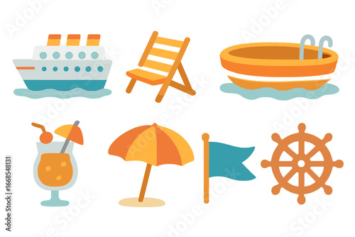 Colorful Cruise Icons. Flat vector mini-illustrations cruise ships in colors children's illustrations: cruise liner, deck chair,