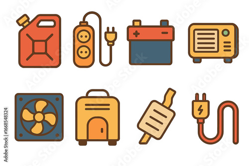 Colorful Energy Icons. Flat vector mini-illustrations generator accessories in colors children's illustrations: fuel canister,