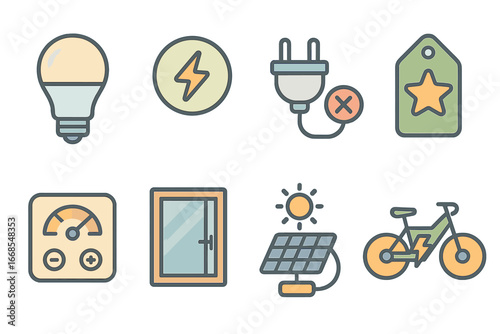Colorful Energy Icons. Flat vector mini-illustrations energy saving in colors children's illustrations: LED bulb, power saver icon